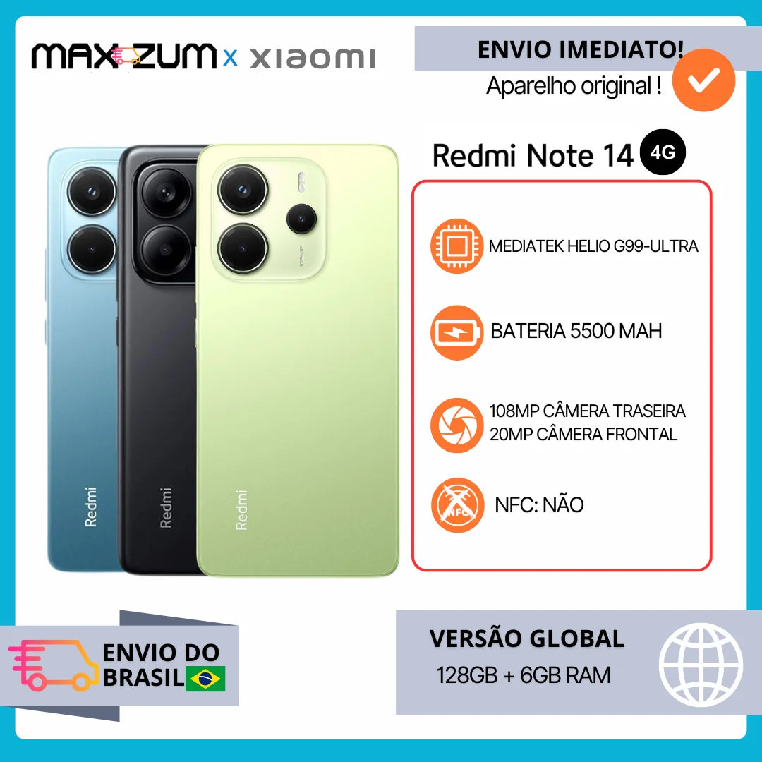 Redmi Note 14 4G, 128GB e 6GB RAM, Processador Helio G99-Ultra, Câmera 108MP, Original Versão Global, Novo