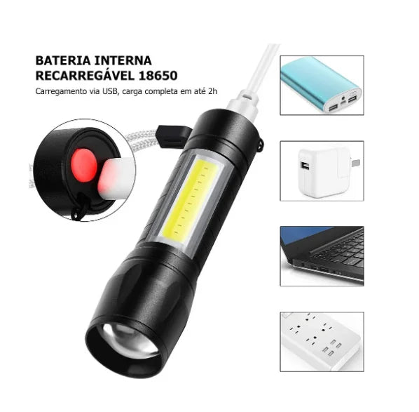 NEVERDIE-Mini Lanterna Militar Tática Com Led Forte E Zoom p/ regular Alcance Recarrega via USB-ENVIO IMEDIATO PARA TODO BRASIL