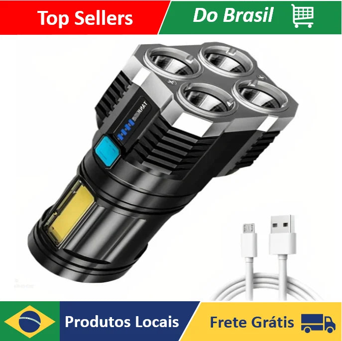 NEVERDIE STORE - Lanterna Led Prova Dágua 4 Núcleos Potente Usb Recarregável ENVIO RAPIDO PARA TODO O BRASIL