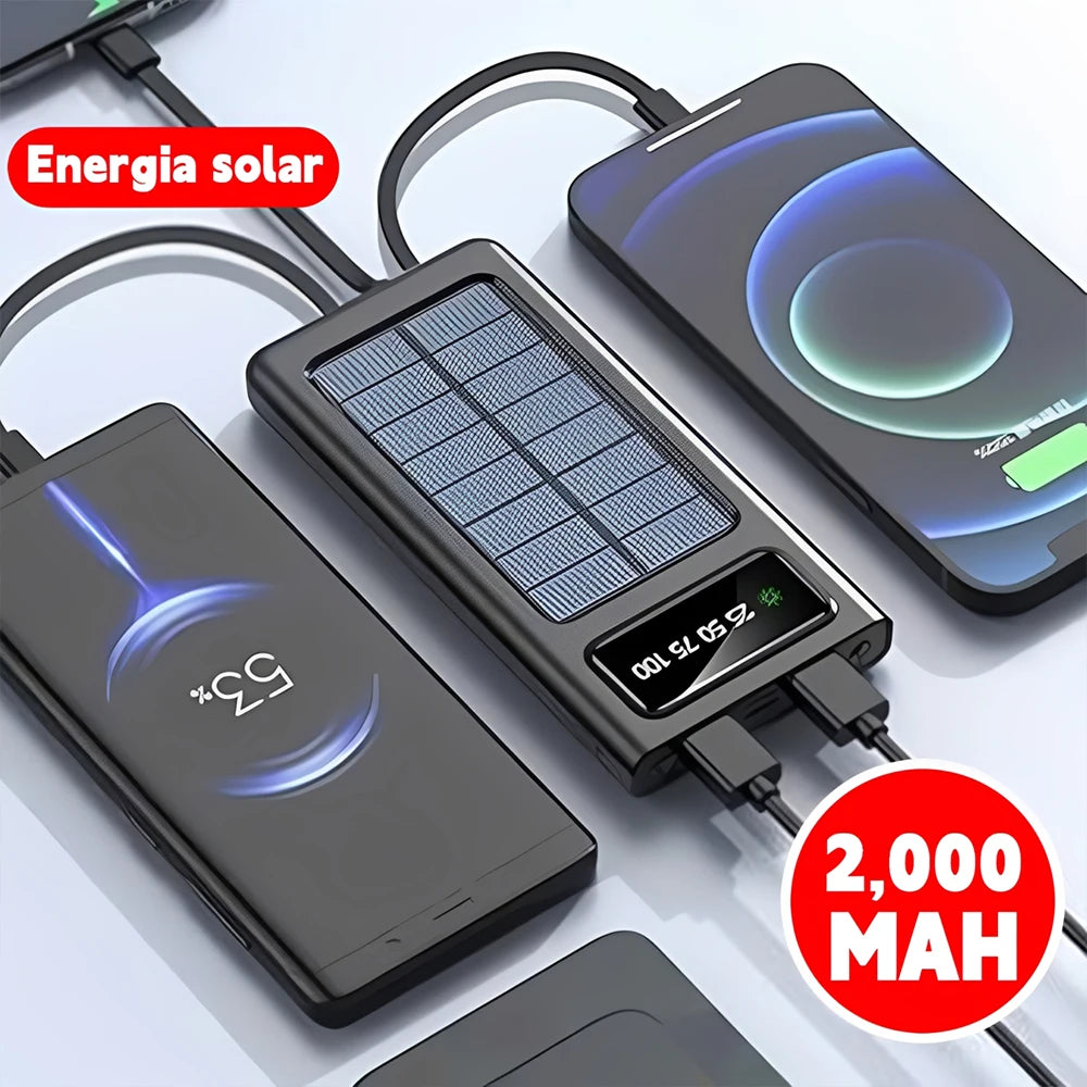 Carregador Portátil Solar 20000mAh 4 Cabos Embutidos Lanterna LED Powerbank Para Viagem