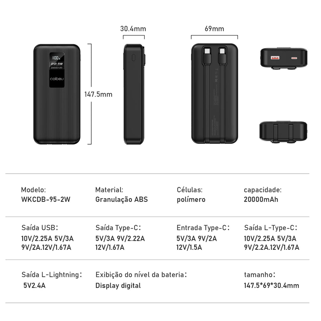 20000mAh Portable Power Bank Charger, Rechargeable Batteries, Portable Powerbank, TYPE-C, USB, Black, From Brazil