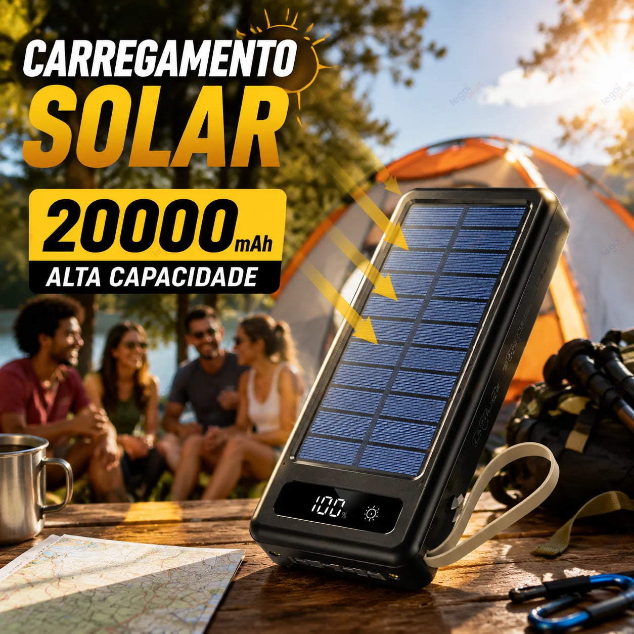Carregador Portátil Solar 20000mAh 4 Cabos Embutidos Lanterna LED Powerbank Para Viagem