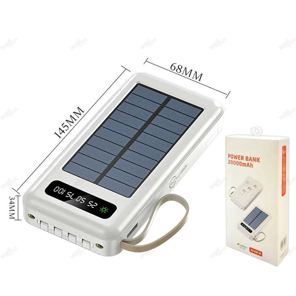 Carregador Portátil Solar 20000mAh 4 Cabos Embutidos Lanterna LED Powerbank Para Viagem