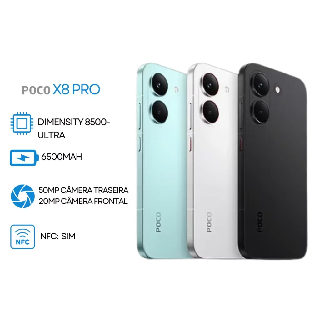 Poco X8 PRO 5G, 512GB/8GB Versão Global, MediaTek Dimensity 8500-Ultra, Bateria 6500mAh, Câmera 50MP