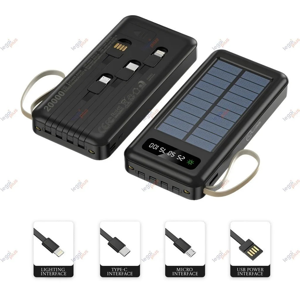 Carregador Portátil Solar 20000mAh 4 Cabos Embutidos Lanterna LED Powerbank Para Viagem