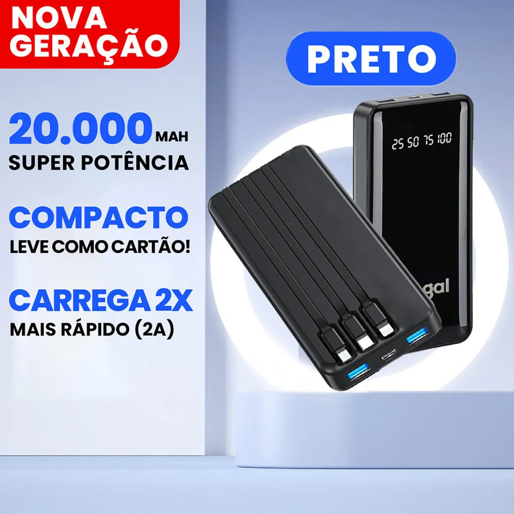 Carregador Portátil 20000mAh 4 Saídas USB Tela LED que Mostra Bateria Perfeito para Viagens Longas