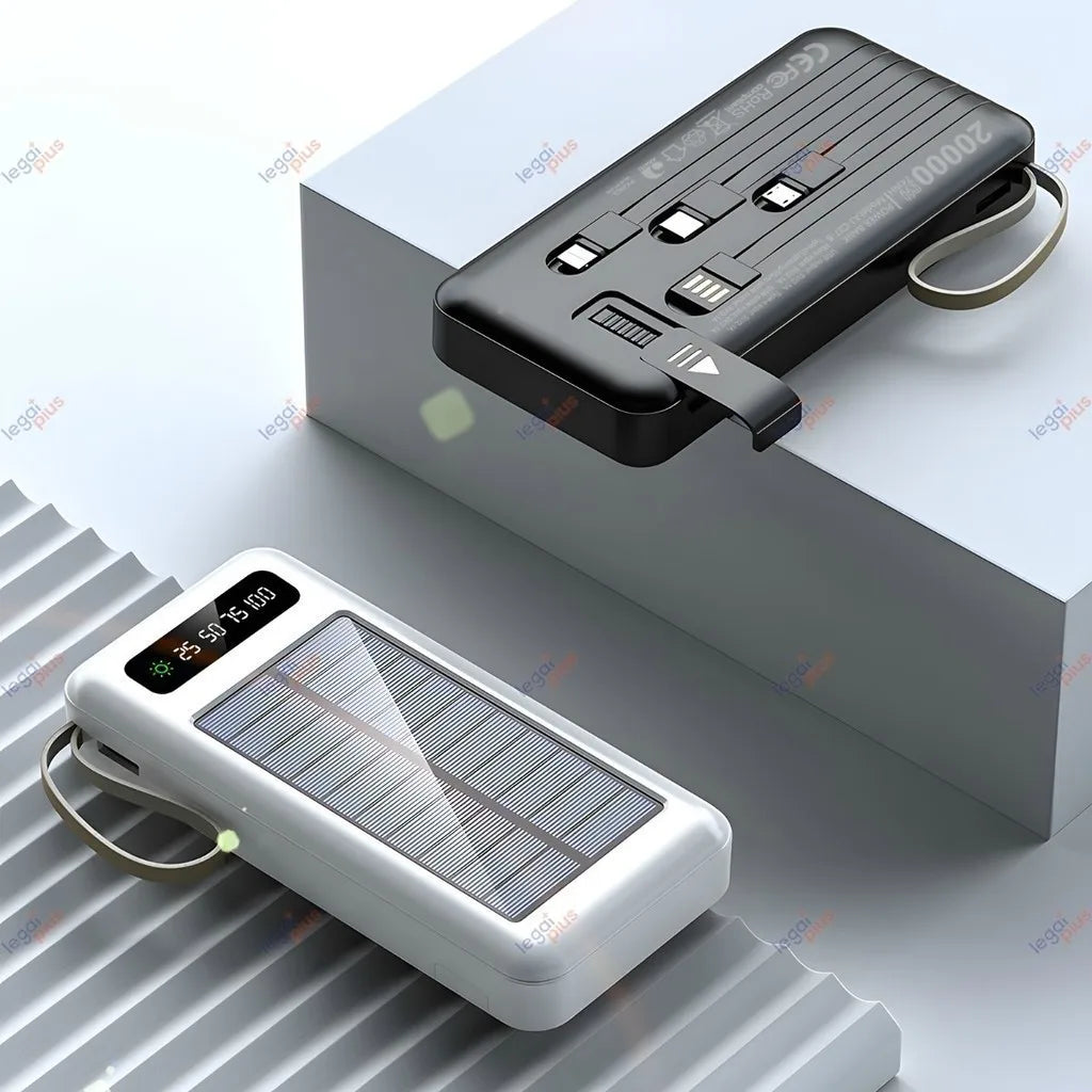 Carregador Portátil Solar 20000mAh 4 Cabos Embutidos Lanterna LED Powerbank Para Viagem