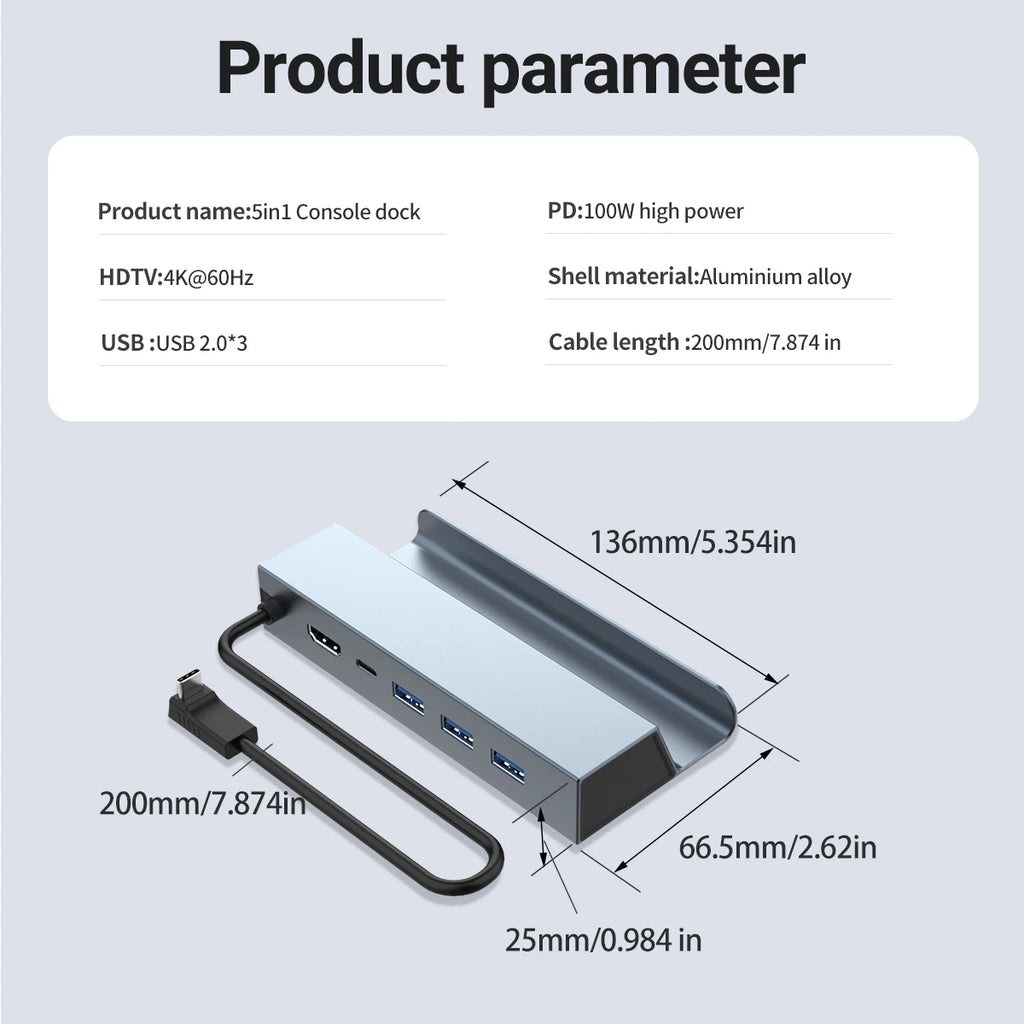 5 in 1 USB C Docking Station 4K@60Hz HDMI Game Hub 100W PD Charging 3*USB 2.0 Port Type C Adapter for Steam Deck ROG Ally Switch