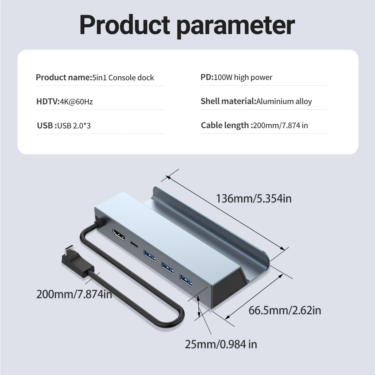 5 in 1 USB C Docking Station 4K@60Hz HDMI Game Hub 100W PD Charging 3*USB 2.0 Port Type C Adapter for Steam Deck ROG Ally Switch