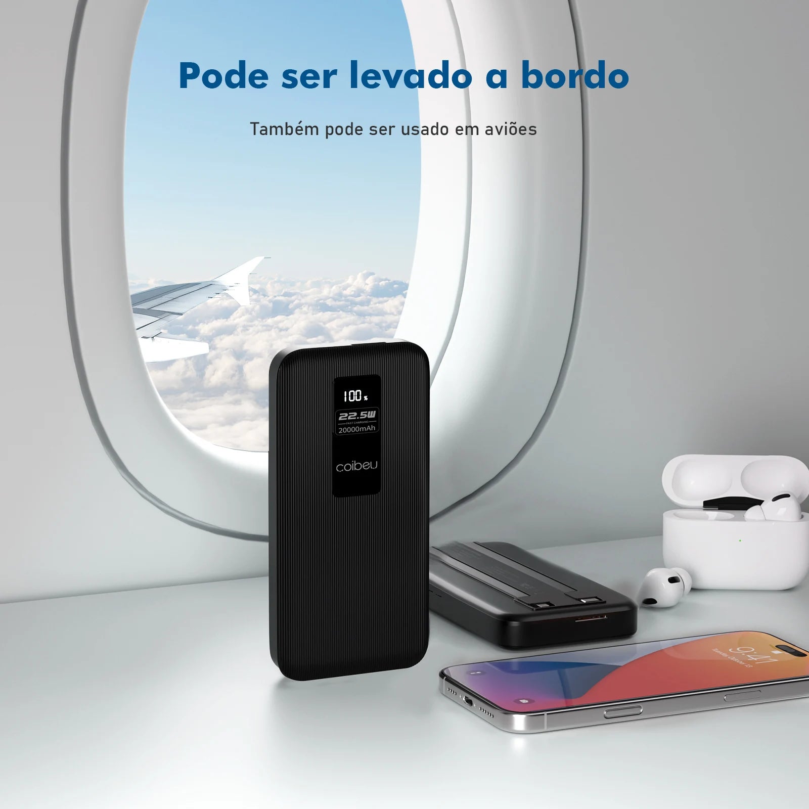 10000mAh 22.5W Power Bank with Fast Charging, Digital Display Cable, 3 Ports, Type-C and Lightning, Suitable for Air Travel, ABS Material, Coibeu