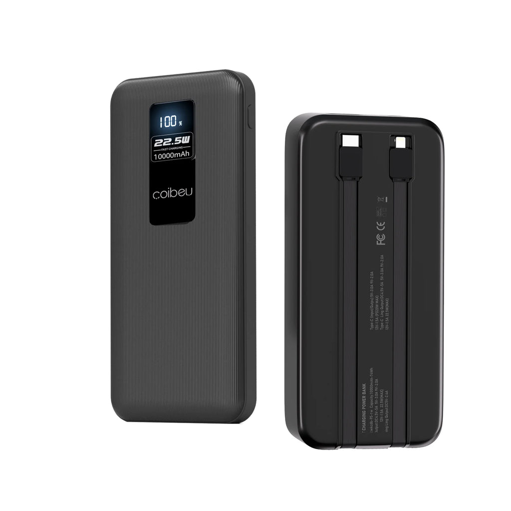 10000mAh 22.5W Power Bank with Fast Charging, Digital Display Cable, 3 Ports, Type-C and Lightning, Suitable for Air Travel, ABS Material, Coibeu