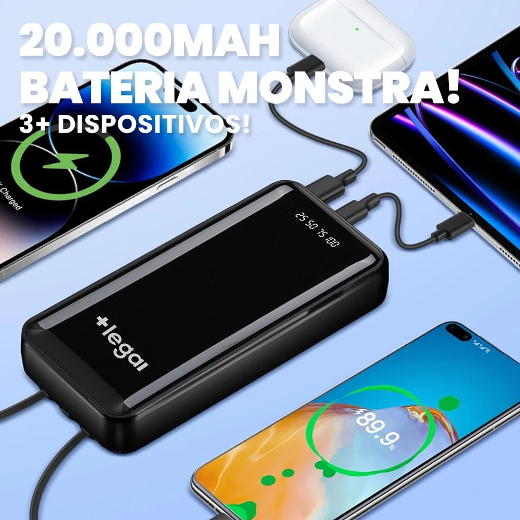 Carregador Portátil 20000mAh 4 Saídas USB Tela LED que Mostra Bateria Perfeito para Viagens Longas