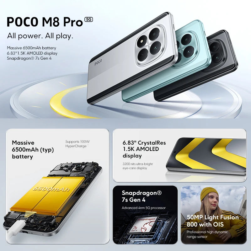 【World Premiere】POCO M8 Pro 5G Smartphone Global Version NFC Snapdragon® 7s Gen 4 6500mAh 100W HyperCharge 6.83" 120Hz display