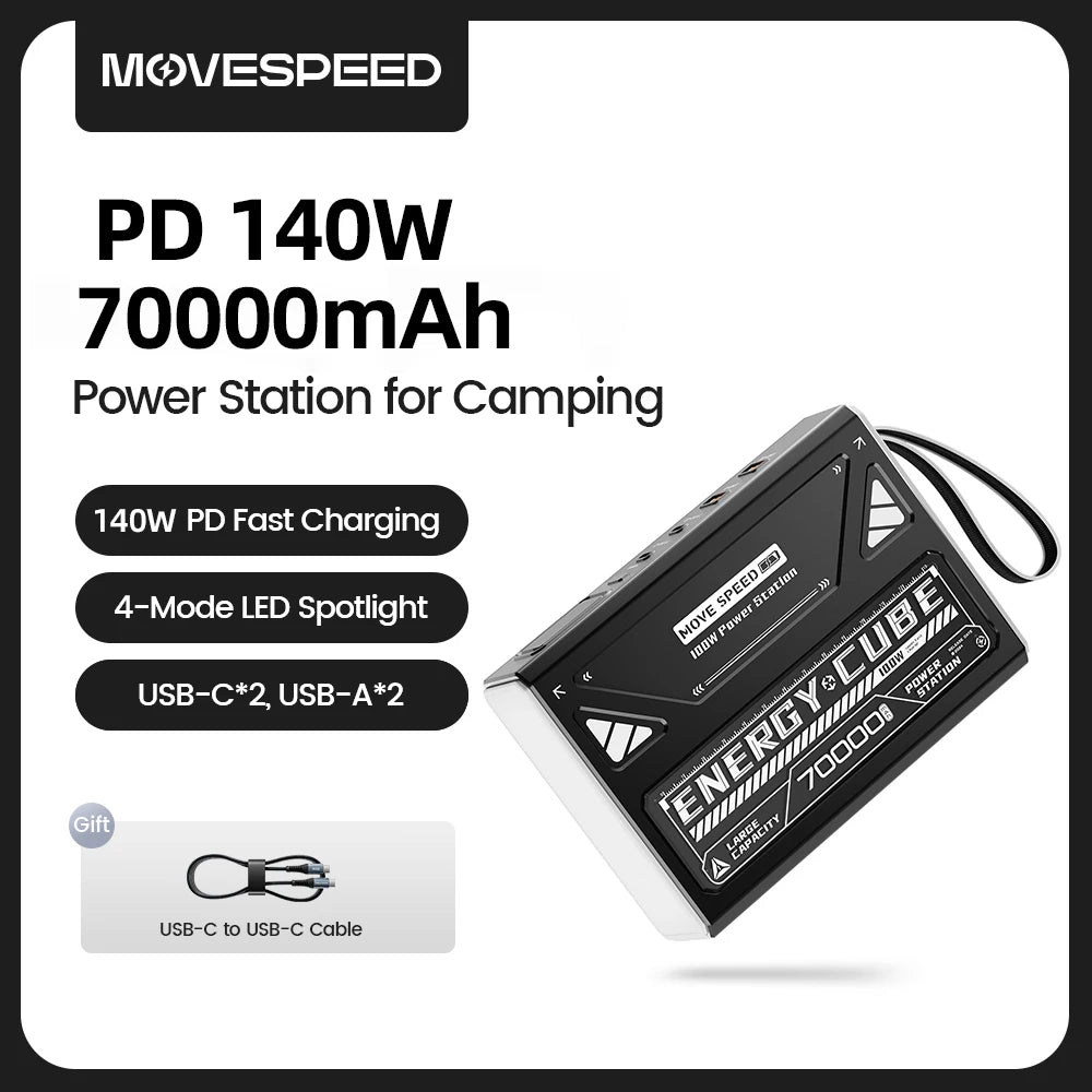MOVESPEED Z70Pro Power Bank 70000mAh 140W PD Fast Charge External Battery Power Station w/ Flashlight for Laptop Outdoor Camping