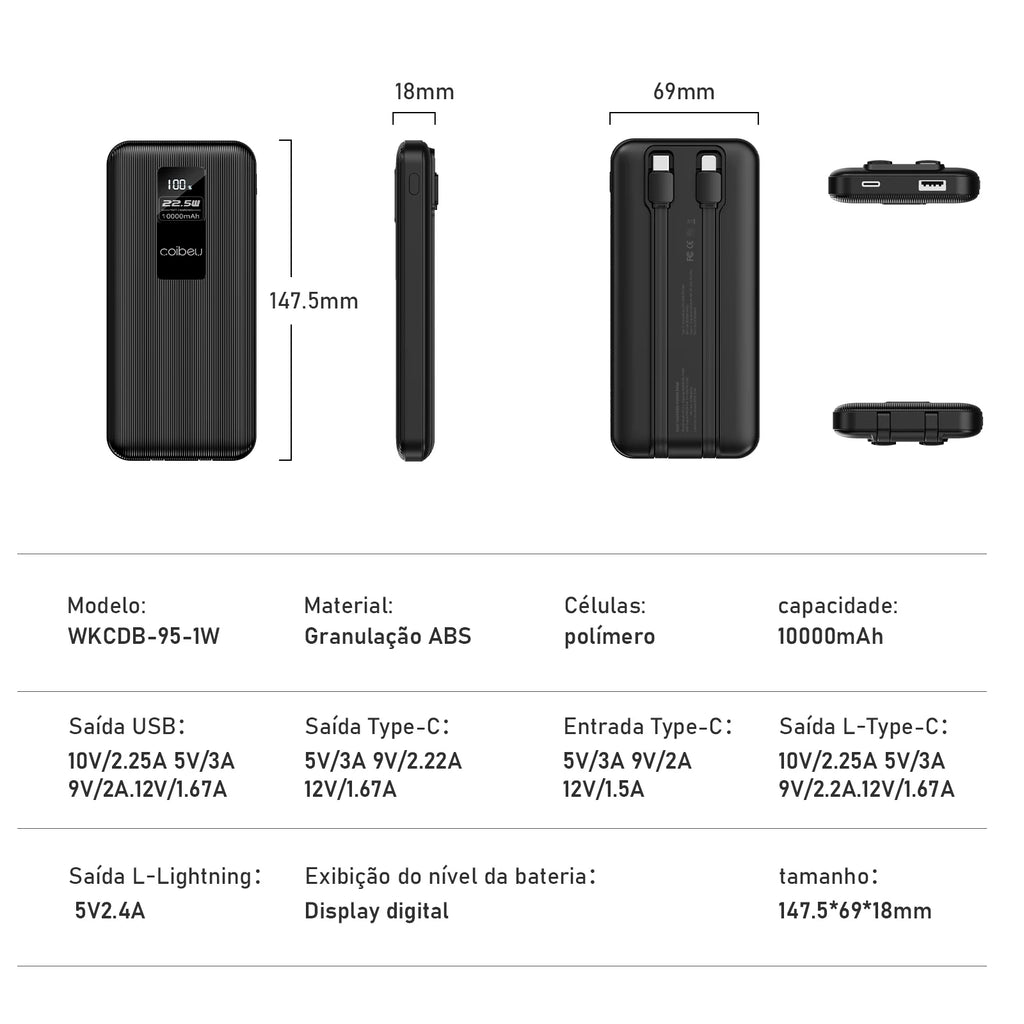 10000mAh 22.5W Power Bank with Fast Charging, Digital Display Cable, 3 Ports, Type-C and Lightning, Suitable for Air Travel, ABS Material, Coibeu