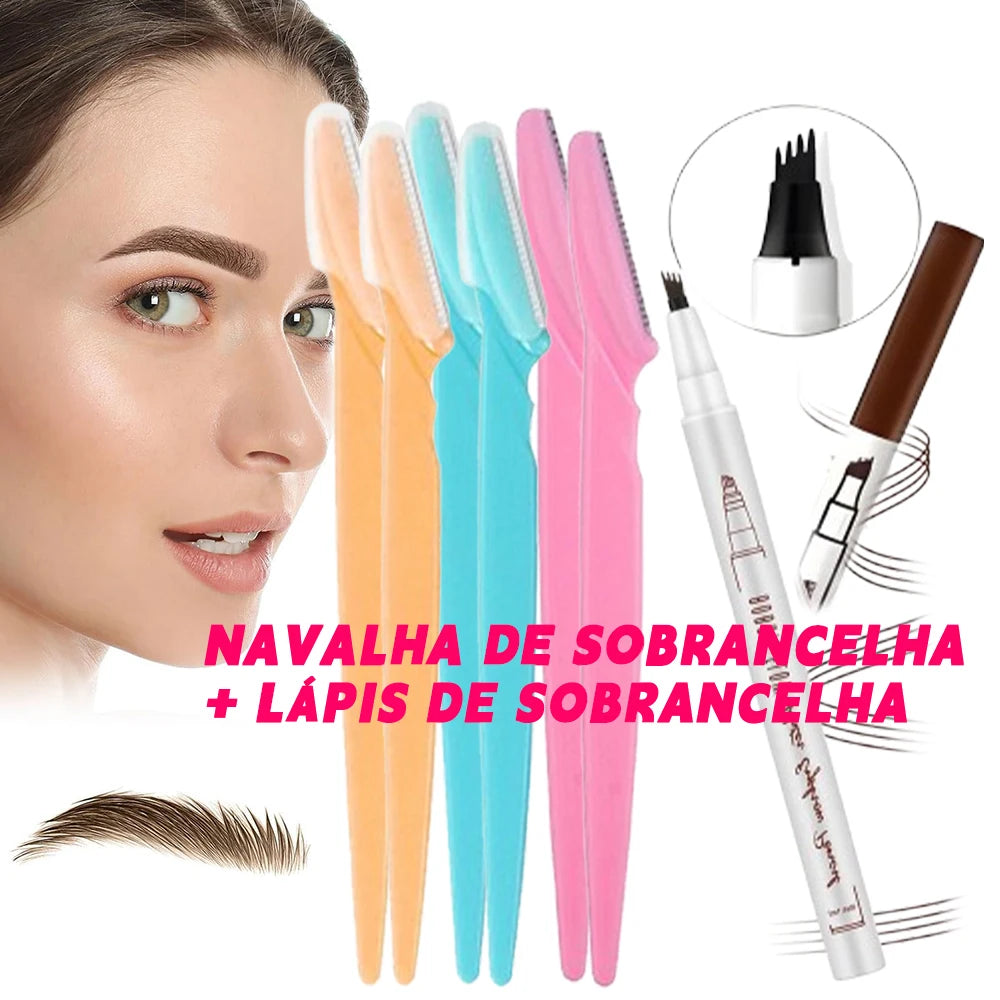 Kit Maquiagem para Sobrancelhas com Lápis e Navalha em Aço Inox para Iniciantes e Profissionais, Precisão