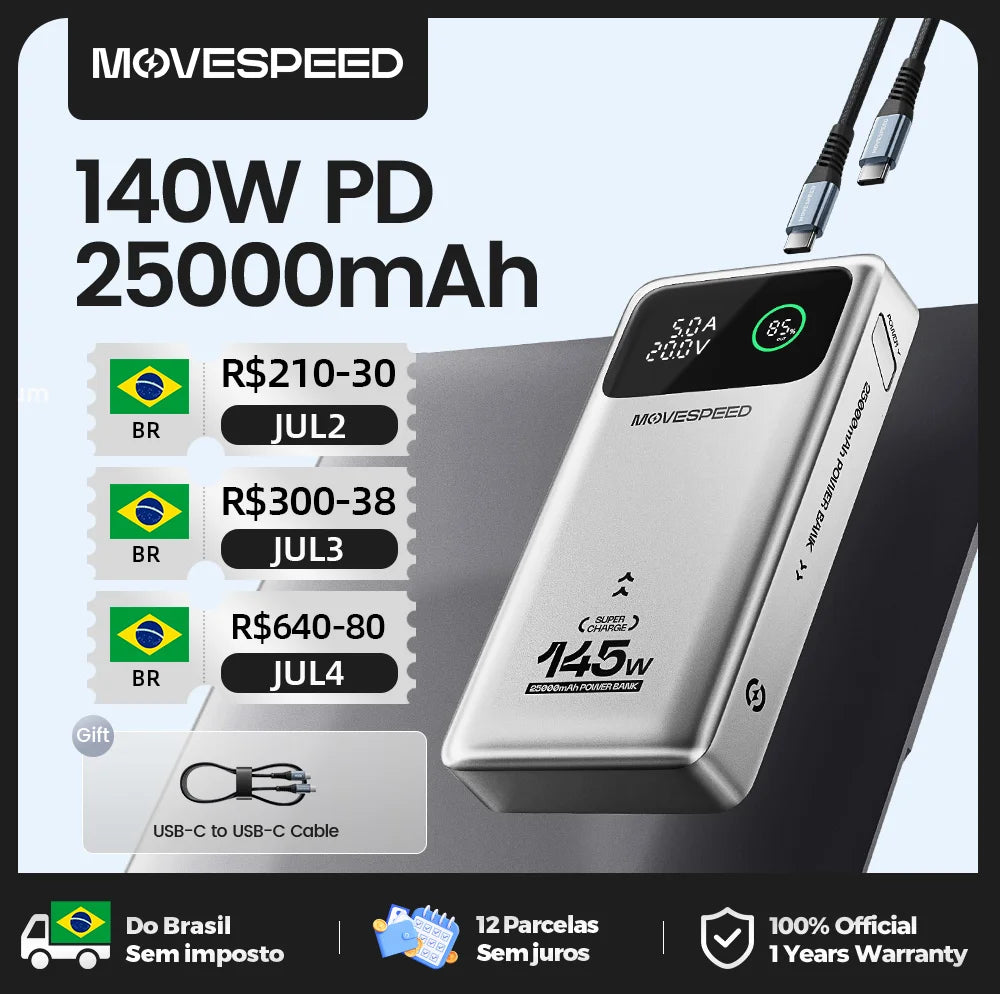 MOVESPEED M25Pro 140W Power Bank 25000mAh PD3.1 Fast Charge Portable External Battery 100W Powerbank for MacBook Notebook Laptop