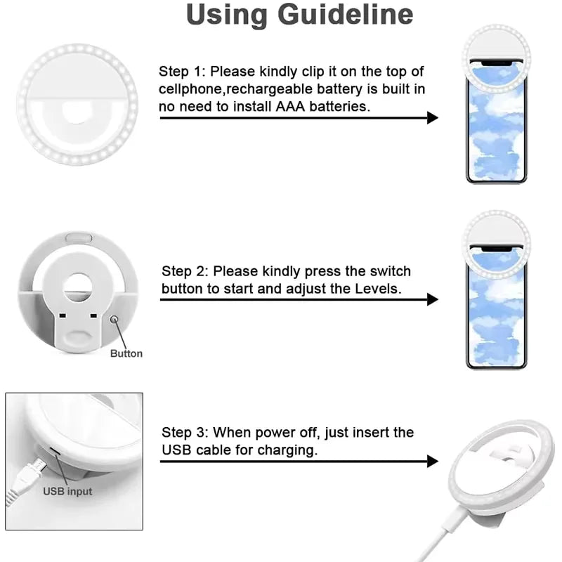 1pc USB Charge Cable LED Selfie Ring Light Adjustable Brightness Phone Camera Fill Light for iPhone Samsung Xiaomi Huawei