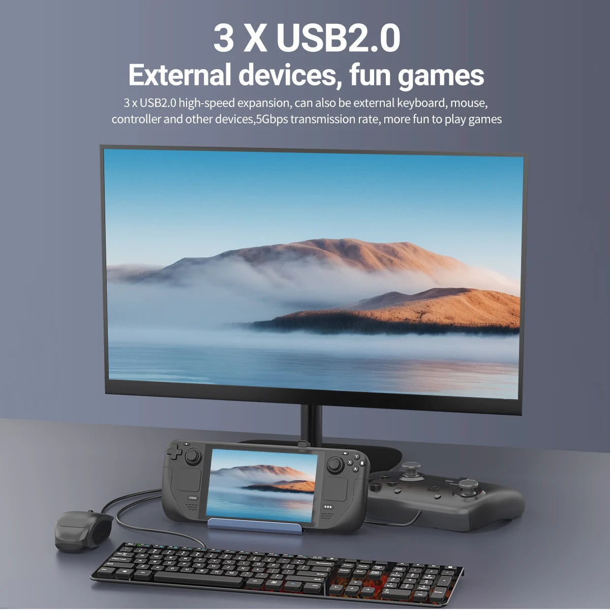 Estação de acoplamento USB C 5 em 1, Hub de jogos HDMI 4K@60Hz, Carregamento PD 100W, 3 portas USB 2.0, Adaptador Tipo C para Steam Deck ROG Ally Switch
